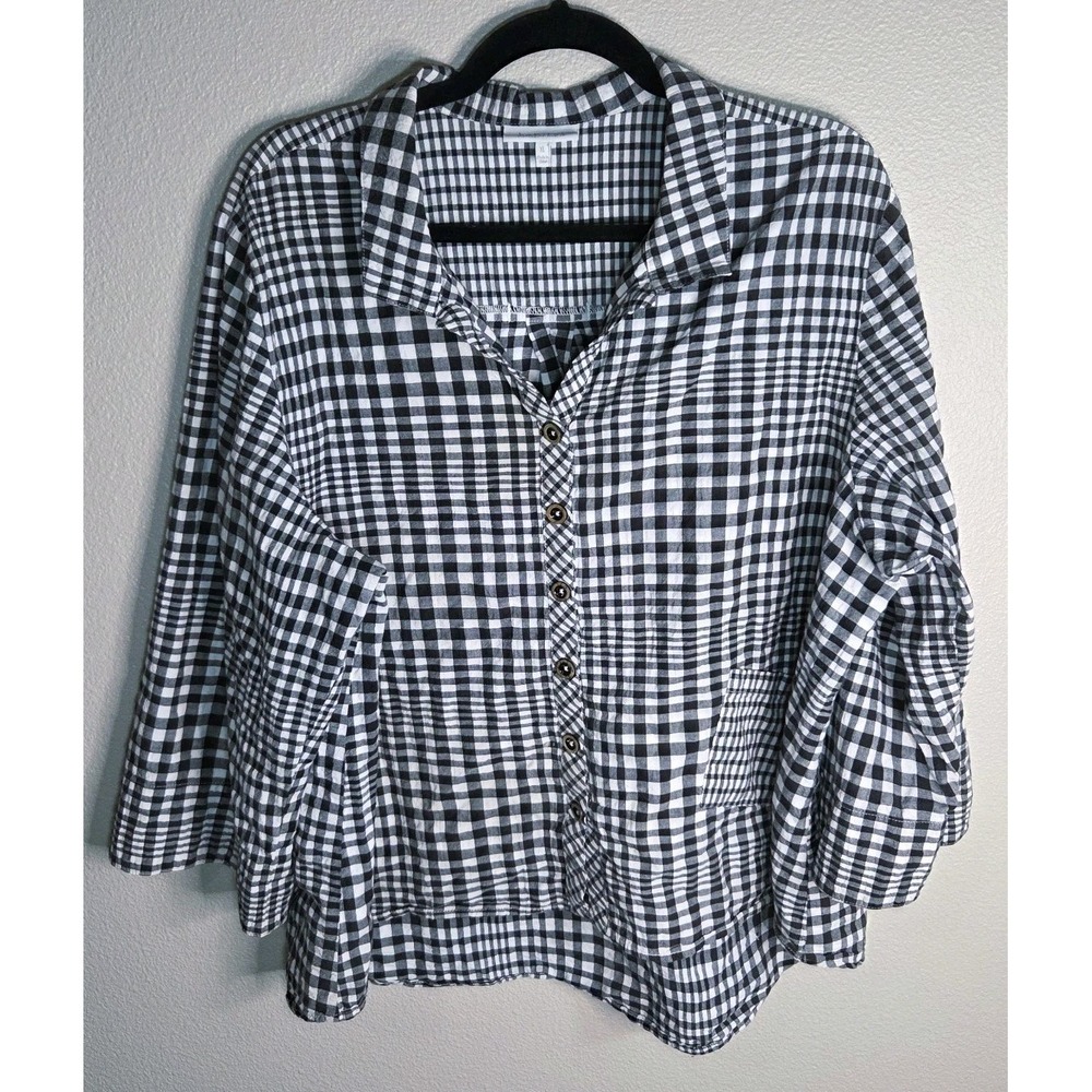Habitat Gingham Button Front Top XL Black White Cotton Boxy Relaxed Shirt